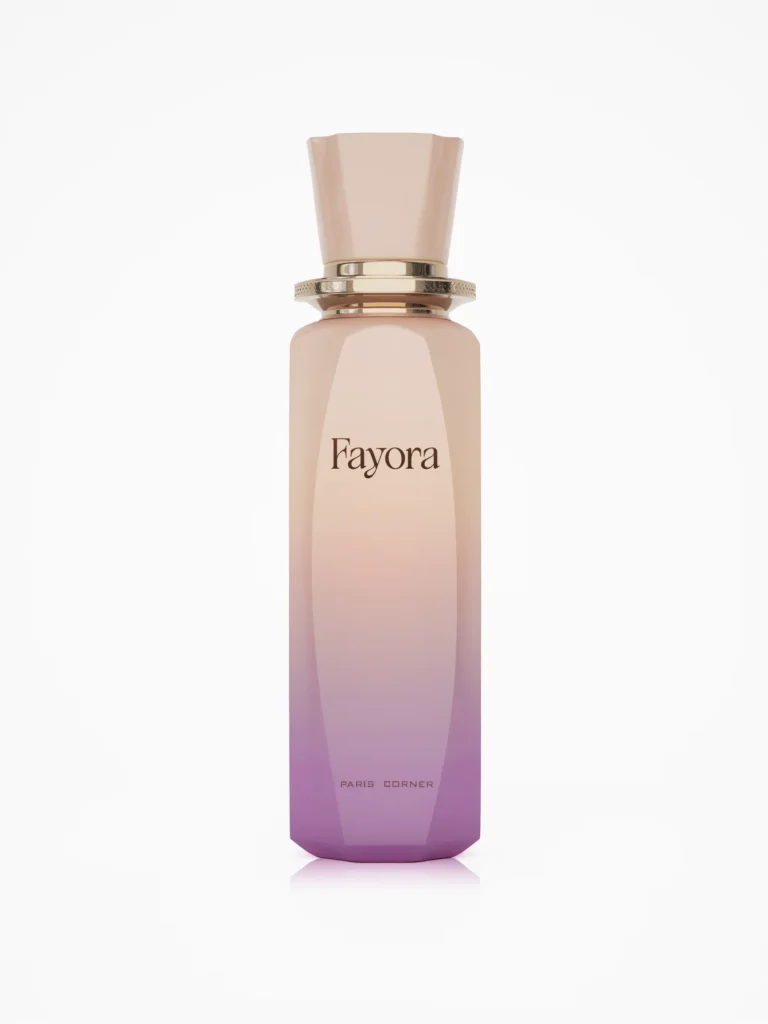 Fayora Paris Corner in an elegant bottle with a soft, feminine design, featuring a light-toned finish and delicate details that reflect a romantic and floral fragrance style.
